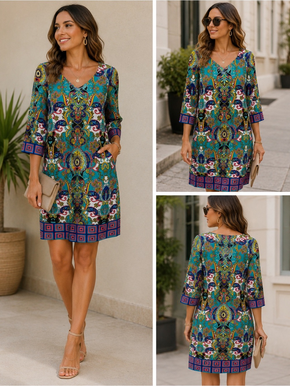 Bohemian Teal Printed V-Neck Shift Dress
